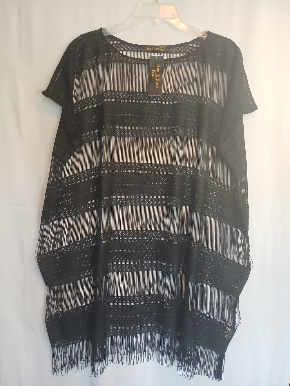 Black Fringe Sheer Sleeveless Swim Coverup Dress OSFM New!